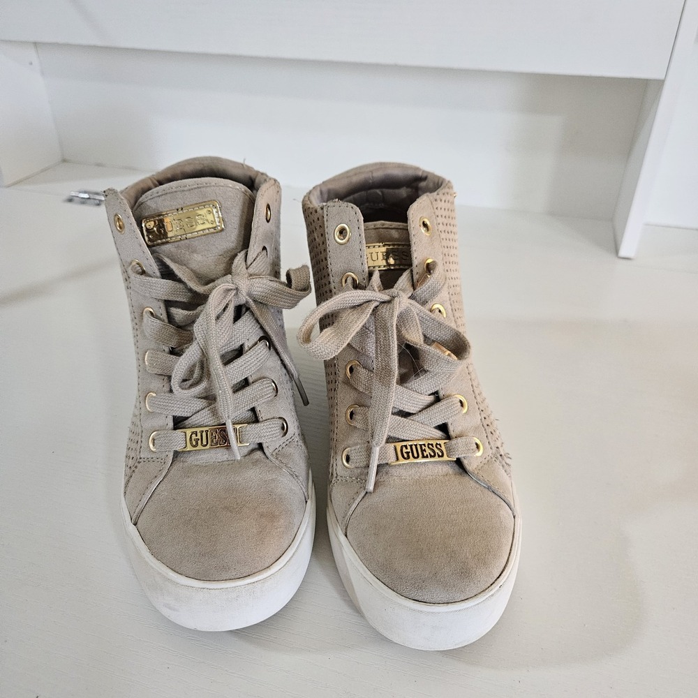 GUESS Women's High-Top Hidden Wedge Sneakers - Taupe Suede - Size 7.5M (Style...